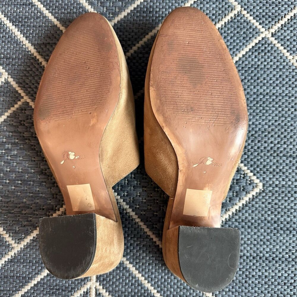 J Crew Tan Suede Pointed Toe Stacked Mid Block Heel Slip On Mules Clogs Size 9 - Picture 8 of 13